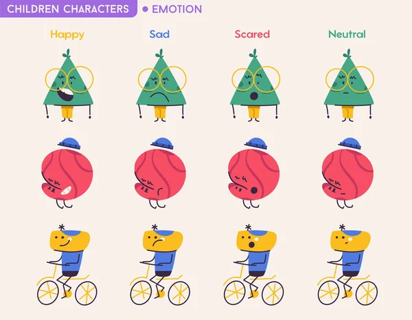 Enfants abstraits mignons personnages avec des émotions différentes — Image vectorielle