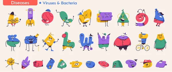 Cute resumo vírus e bactérias caracteres conjunto isolado. —  Vetores de Stock