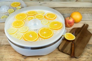 Ev yapımı makine portakal dilimleriyle yiyecekleri kurutuyor. Konserve yiyecekler.