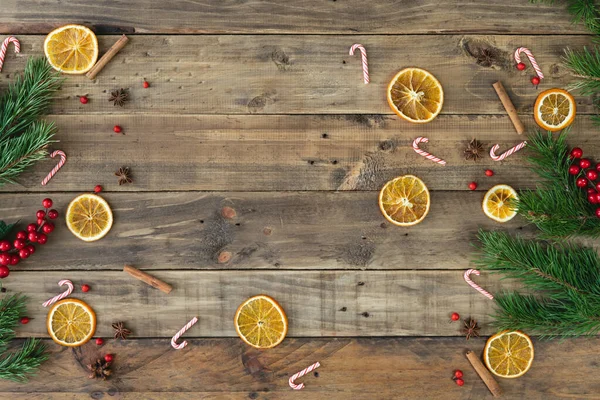 Wooden Background Christmas Decorations Dehydrated Orange Slices Copy Space Top — Stock Photo, Image