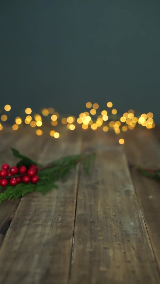 Tiramisu. Dessert with Christmas decoration on a wooden background. Vertical video. — Stock Video