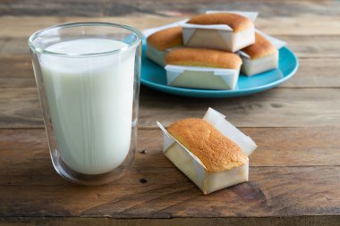 Mantecadas tipik İspanyol tatlısıdır. Mavi tabaklı kekler ve tahta arka planda bir bardak süt. Boşluğu kopyala.