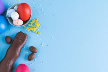 Sarı çiçekli mavi arka planda Paskalya yumurtası ve çikolatalı tavşan. Üst Manzara. Boşluğu kopyala.