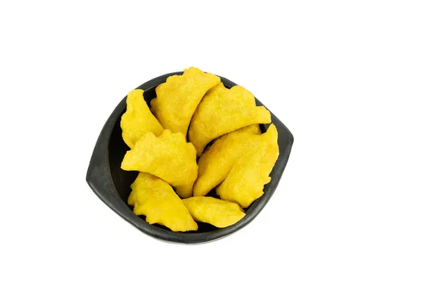 Black Ceramic Bowl Colombian Empanadas White Background — Stock Photo, Image