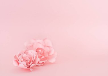 Pembe arka planda kağıt güller. Uzayı kopyala Hediye süsleri. Tebrik kartı.