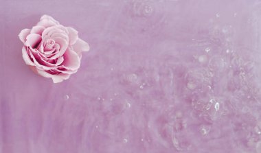 Mor arka planda mor gül, su dalgaları ve beyaz çiçeklerle. Boşluğu kopyala.