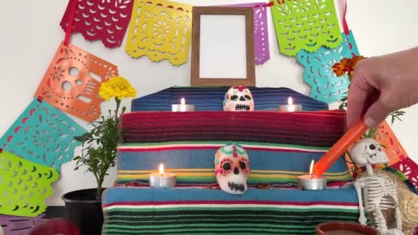 Altar Decorated Party Day Dead Hand Lighting Candles Mexican Party — Stockvideo