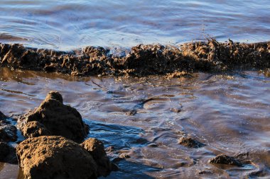 İspanya 'nın Santa Pola sahilinde okyanus konumu, dalgalar ve kaya dokusu