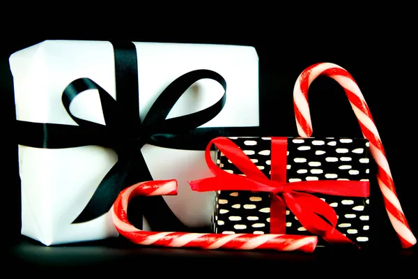 Gifts Wrapped Black White Paper Red Black Bows Next Christmas — Stock Photo, Image