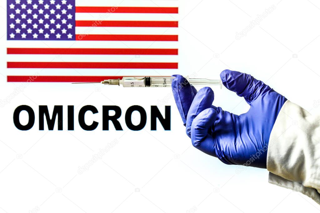Hand holding syringe with covid vaccine. United States flag and Omicron covid variant word written in the background