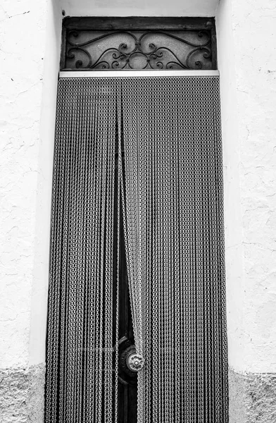 Wooden Door Striped Metal Curtain Spain — Stock Photo, Image