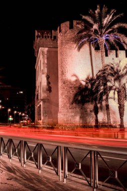 Elche, Alicante, İspanya 22 Aralık 2021 'de güzel aydınlatılmış Altamira Sarayı ve Elche, Alicante' deki çeşme.