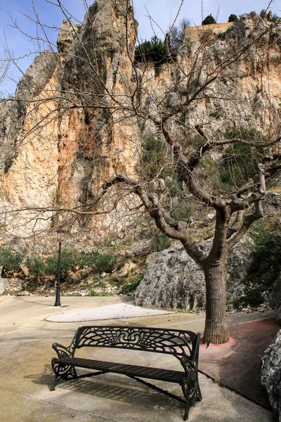 Lampadaire Vintage Banc Fer Dans Parc Ville Guadalest Alicante Espagne — Photo