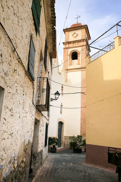 Calle Estrecha Fachada Típica Del Pueblo Benifato Iglesia San Miguel — Foto de Stock