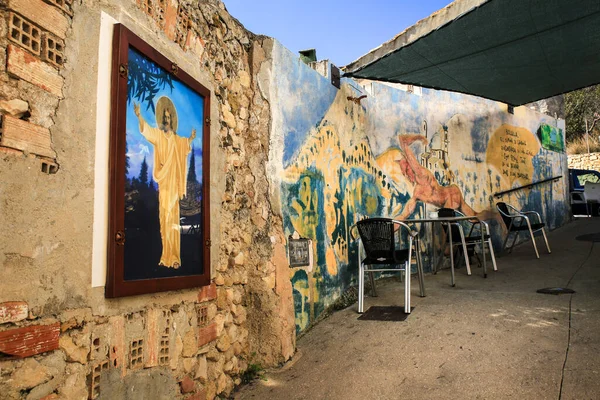 Bolulla Alicante Spain 2022 Empty Bar Terrace Jesus Christ Painting — 스톡 사진