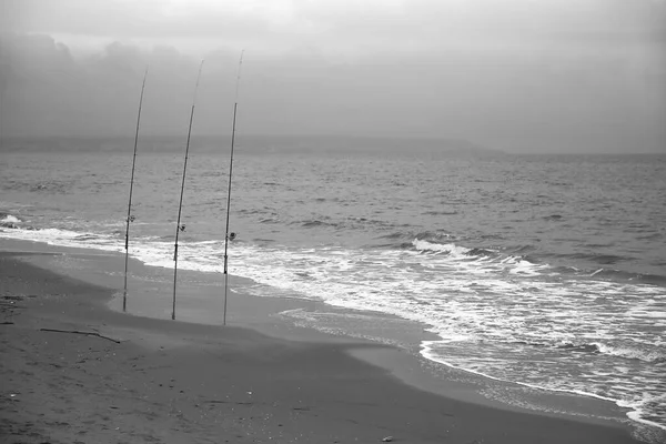 Рыболовные Палочки Берегу Пасмурный День Пляже Pinet Аликанте Испания — стоковое фото