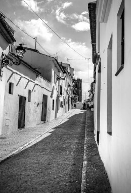 Altea, Alicante, İspanya - 24 Nisan 2022: Dar sokaklar ve güneşli bir kış gününde Altea, Alicante, İspanya 'da güzel beyazlatılmış cepheler