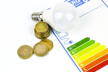 Bozuk paraların yanında Avrupa Birliği Enerji Etiketi ve beyaz zemin üzerinde öncü ampul