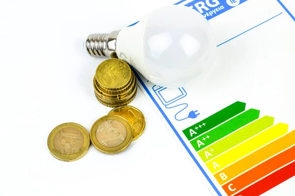 European Union Energy Label next to coins and led light bulb on white background