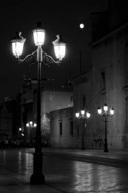 Elche, Alicante, İspanya - 28 Ekim 2020: Geceleyin Eucharistic Manastır Meydanı Arka planda klasik sokak lambaları ve ay ışığı.