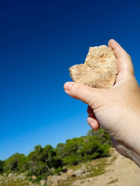 Kırsalda mavi gökyüzünün altında el ele tutuşmuş kalp şeklinde taş.
