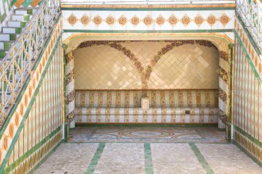 Cartagena, Murcia, Spain- July 18, 2022: Beautiful Beltri House Modernist Style with tiled facade and colorful gardens