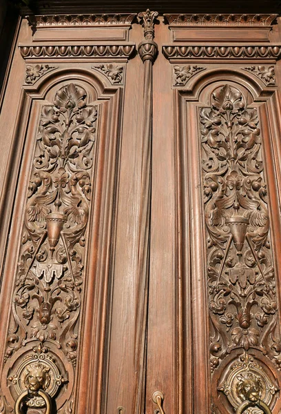 Beautiful Carved Wooden Door Vintage Lion Face Shaped Knocker Spain — Fotografia de Stock