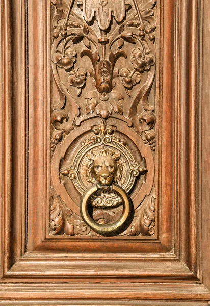 Beautiful Carved Wooden Door Vintage Lion Face Shaped Knocker Spain — Stock fotografie