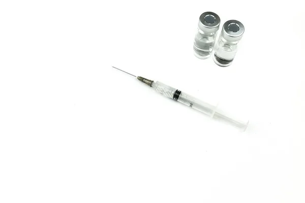 Close Picture Syringe Vials Filled Liquid Vaccine White Background — Foto de Stock