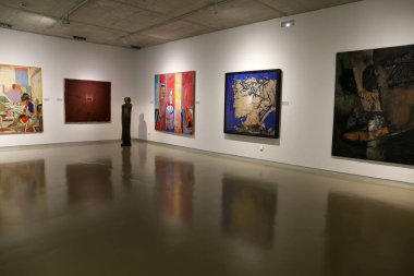 Cartagena, Murcia, Spain- July 16, 2022: Works of regional and international artists exhibited at Regional Museum of Modern Art in Cartagena