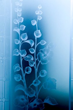 Cartagena, Murcia, Spain- July 16, 2022: Etched glass window with floral motifs at the Aguirre House Palace in Cartagena