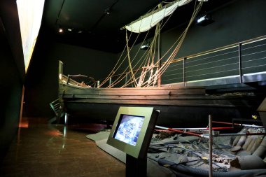 Alicante, Spain- July 20, 2022: Shipwrecked galleon showroom in the Archaeological Museum of Alicante