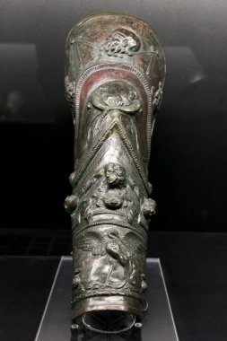 Alicante, Spain- July 20, 2022: Greave of a Murmillo or a Secutor Gladiator of the temporal exhibition at the Archaeological Museum of Alicante