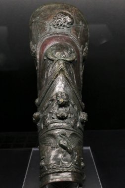 Alicante, Spain- July 20, 2022: Greave of a Murmillo or a Secutor Gladiator of the temporal exhibition at the Archaeological Museum of Alicante