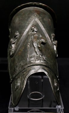 Alicante, Spain- July 20, 2022: Greave of a Murmillo or a Secutor Gladiator of the temporal exhibition at the Archaeological Museum of Alicante