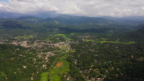 Bergen met regenwoud en landbouwgrond in een bergachtige provincie in Sri Lanka. — Stockvideo