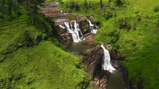 Aerial drone of Waterfall among green hills. St. Clair Falls, Sri Lanka. — Video Stock