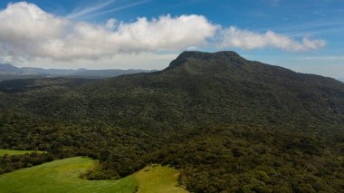 Aerial drone of Mountains covered rainforest, trees and blue sky with clouds. Sri Lanka.