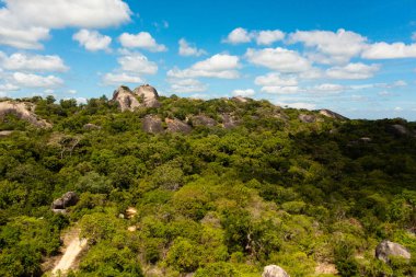 Jungle and rock with a Buddhist monastery. Tropical landscape. Sri Lanka, Okanda.