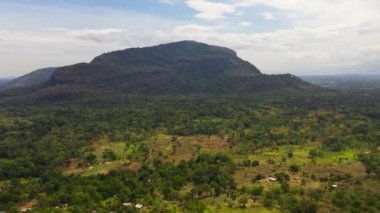 Aerial drone of Mountain valley with farmland and tropical forest. Sri Lanka.