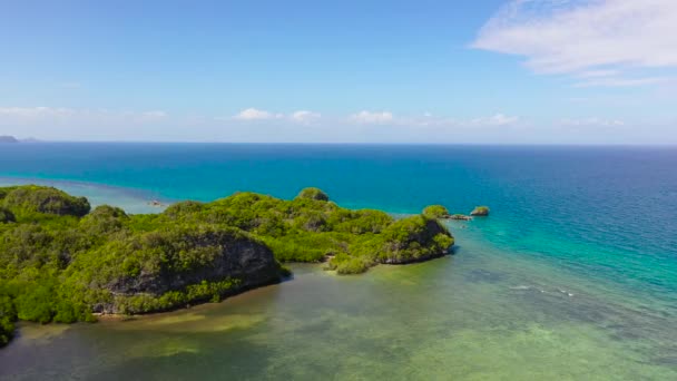 Vue Aérienne Des Montagnes Couvertes Jungle Mer Bleue Ciel Nuageux — Video