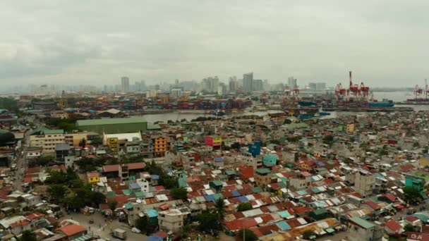 Port Morski Tle Miasta Manili Drapaczami Chmur Nowoczesnymi Budynkami Nowoczesne — Wideo stockowe