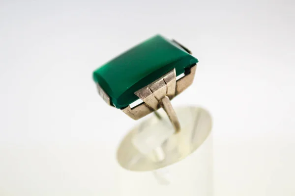 Art Deco Sterling Silver Ring Green Jade Stone 1920 대1930 — 스톡 사진