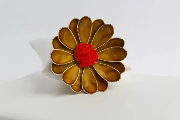 Ochre Sienna Large Huge Flowers Red Brooch White Background — Stockfoto