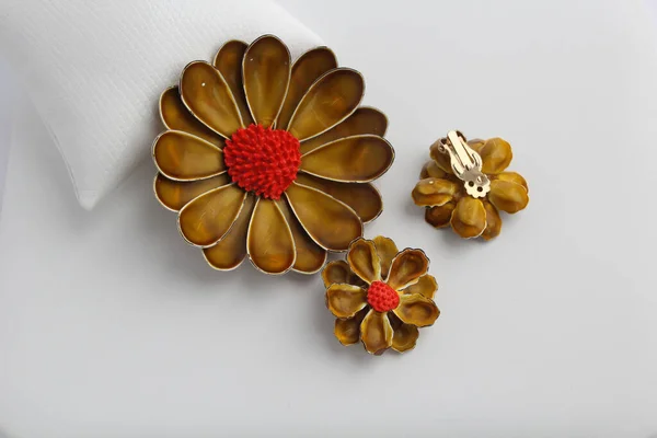 Flowers Enamel Brooch Clip Earrings Pattern Background Vintage Set — Fotografia de Stock