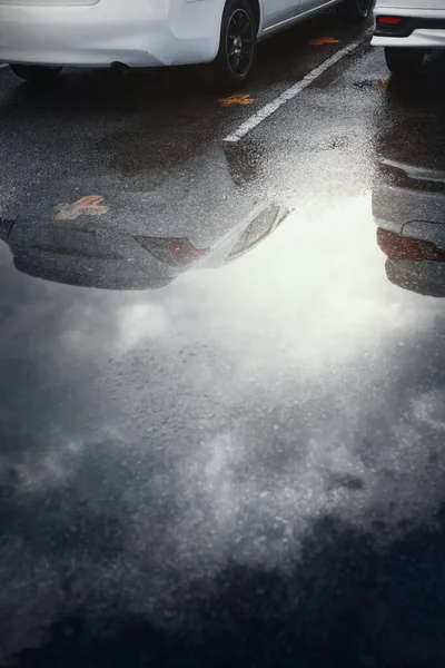 Wet Parking Spaces Hard Rain Fall Reflection Car Puddle Ground — стоковое фото
