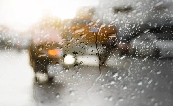 Blurry Morning Traffic Hard Rainfall View Window Dramatic Scene Rainy — ストック写真