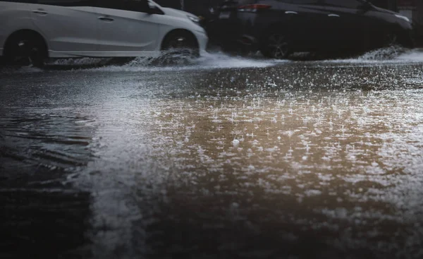 雨の秋と背景としてぼやけた車で街の洪水 選択的な焦点 — ストック写真