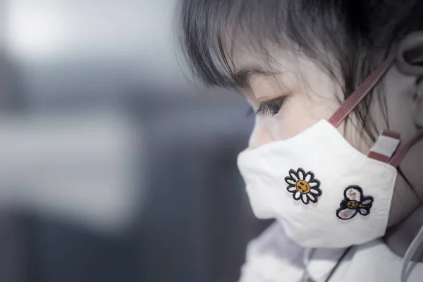Portrait Asian Girl Wearing Facial Hygienic Mask Concept Background Home — Fotografia de Stock