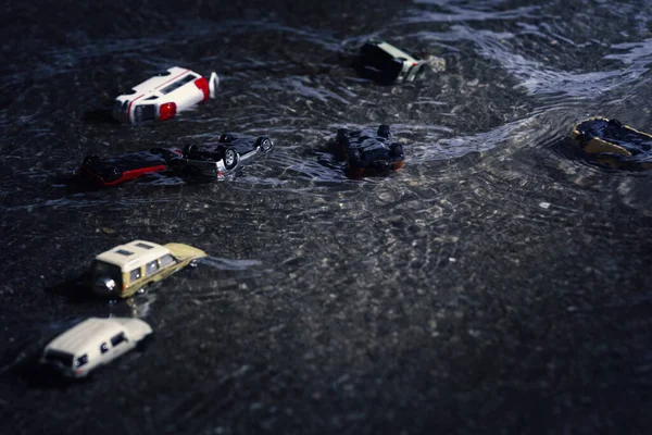 Scene Cars Miniature Toy Model Flood Natural Disasters Heavy Rain — Stock Photo, Image